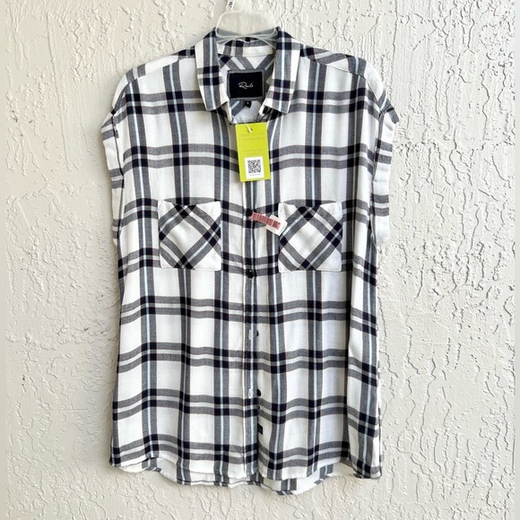 Rails sleeveless button down shirt plaid ivory blue brown medium - Picture 1 of 4